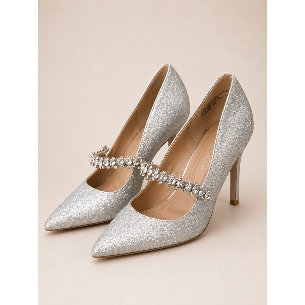 BCBGeneration Branda Silver Glitter Crystal Strap Pointed Toe Pumps Heels 7
